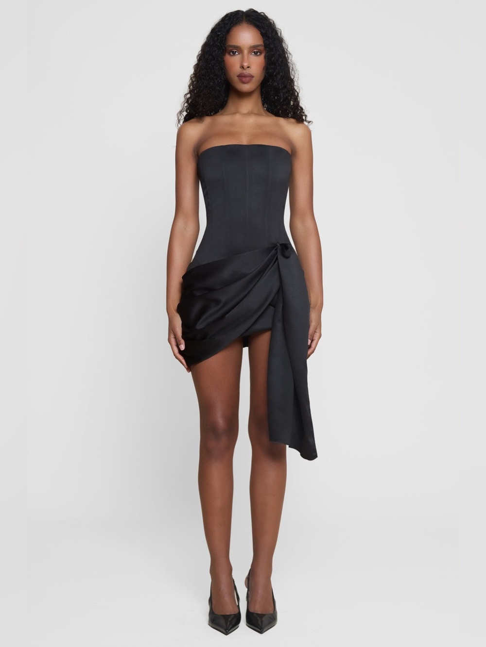 LEAU Solara satin corset Strapless Black Draped Mini Dress